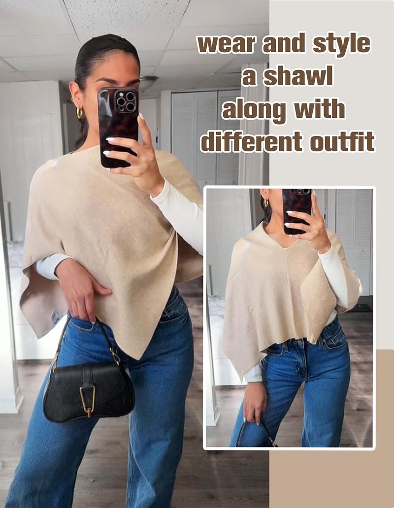 Puli Women Capri Poncho Sweater Slimming Fit Cropped Versatile Shawl Soft Knit Wraps Cowl Neck Short Tops - Image 2